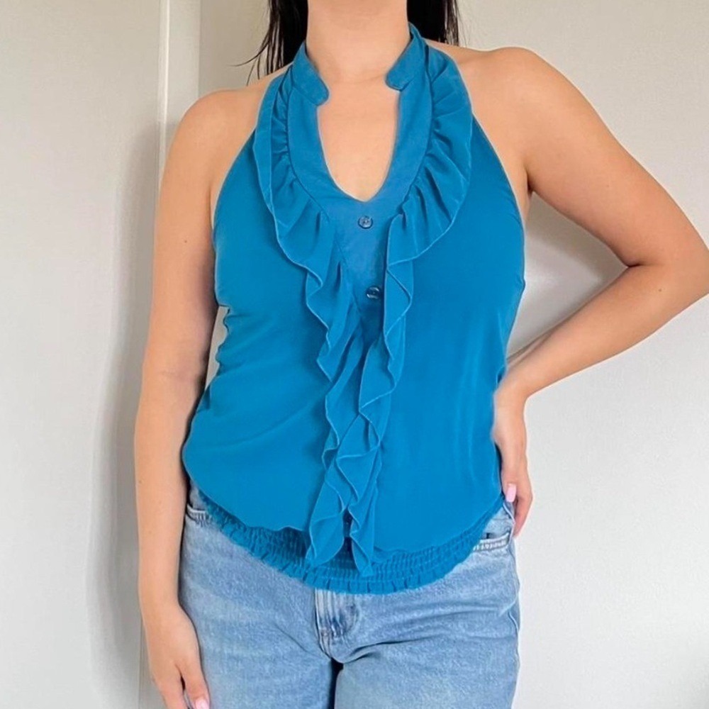 Y2K Teal Ruffle Halter Top Vintage Charlotte